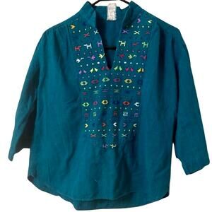 Vintage 1980's Multicolored Guatemalan Hand Embroidered Turquoise Top M